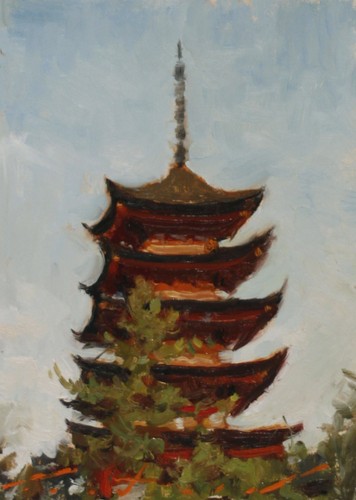 Pagoda giapponese dipinto olio